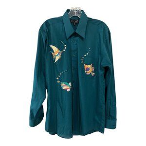 Vtg Marquis Teal Embroidered Fish Button Down Shirt Studded Detail Mens